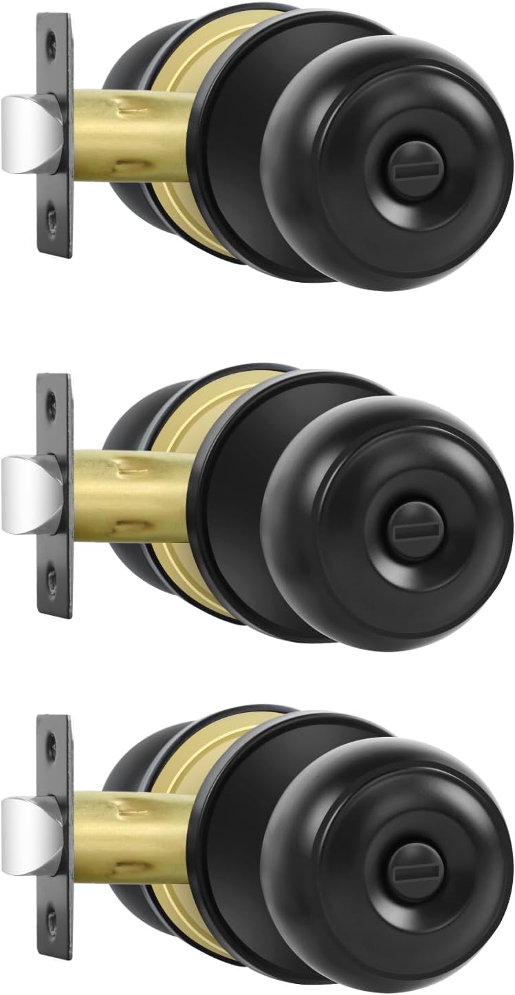 RAZCC Privacy Door Knobs, 3 Pack Matte Black Door Knobs with Lock, Bed and Bath Door Knob Interior Keyless Locksets, Round Door Handles Reversible for Left Right Handed Doors - Image 1