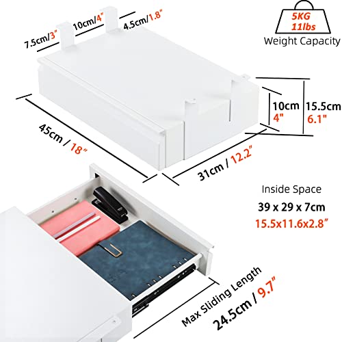 OSteed Under Desk Drawer 18", Pull-out Storage Organizer with Tall Brackets Mounted Under Wooden Table with a Max 2" Crossbar, White_Tall Version - Image 2