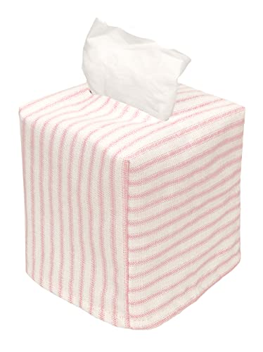 Decorative Things Tissue Box Cover Slipcover Holder, Slips Over Square Facial Tissues, Decorative Pink Stripe Fabric, Made in USA - Image 1