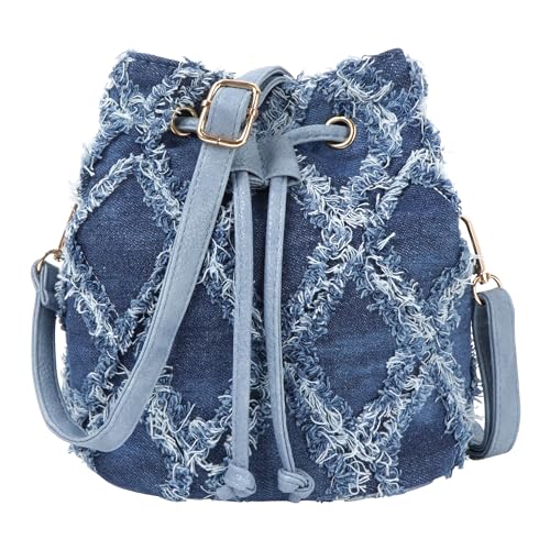 Minache Women Denim Purse Handbag Jean Bucket Drawstring Crossbody Bag Quilted Distressed Tassel Hobo Shoulder Bag - Image 1