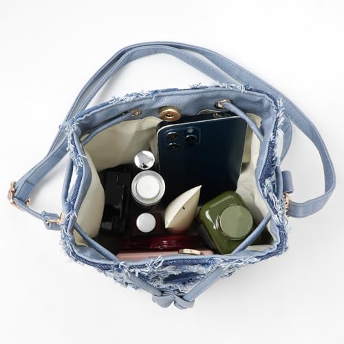 Minache Women Denim Purse Handbag Jean Bucket Drawstring Crossbody Bag Quilted Distressed Tassel Hobo Shoulder Bag - Image 3