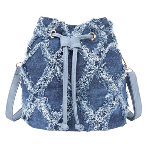 Minache Women Denim Purse Handbag Jean Bucket Drawstring Crossbody Bag Quilted Distressed Tassel Hobo Shoulder Bag - Image 2