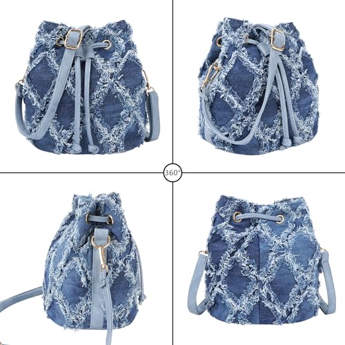 Minache Women Denim Purse Handbag Jean Bucket Drawstring Crossbody Bag Quilted Distressed Tassel Hobo Shoulder Bag - Image 5