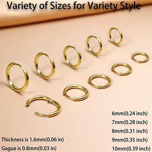 Sweetkiki Small Gold Hoop Earrings Lightweight: Hinged Huggie Hoop Earrings for Lobe Cartilage Helix Tiny Hoops Earrings in Gold Plated Silver Black for Women Men (Set of 1 - 5 Pairs) (14K Gold - 6mm/7mm/8mm/9mm/10mm) - Image 3