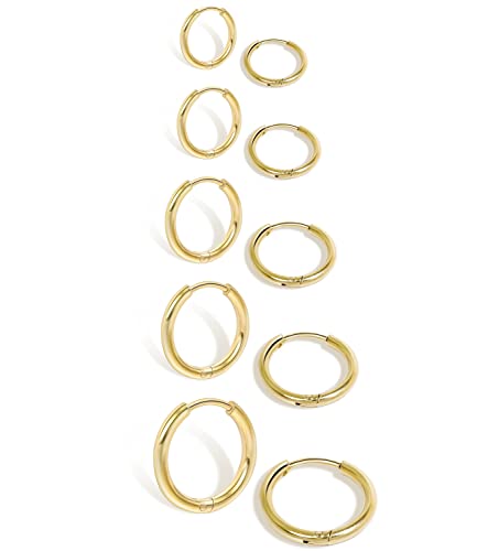 Sweetkiki Small Gold Hoop Earrings Lightweight: Hinged Huggie Hoop Earrings for Lobe Cartilage Helix Tiny Hoops Earrings in Gold Plated Silver Black for Women Men (Set of 1 - 5 Pairs) (14K Gold - 6mm/7mm/8mm/9mm/10mm) - Image 1