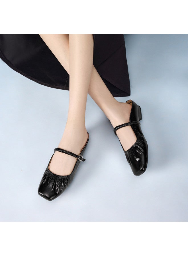 YEARCON صندل نسائي موضة صيف 2025 بأسلوب ريترو جديد من الجلد الأصلي، كعب سميك، حذاء مريح بفتحة مربعة ومجعد - Image 3