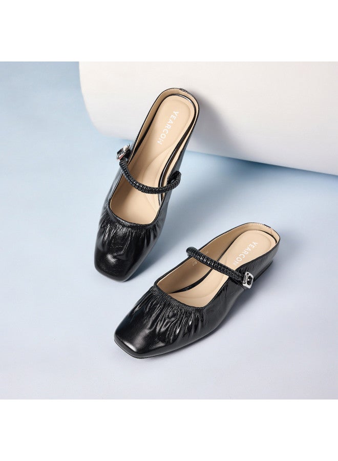 YEARCON صندل نسائي موضة صيف 2025 بأسلوب ريترو جديد من الجلد الأصلي، كعب سميك، حذاء مريح بفتحة مربعة ومجعد - Image 5