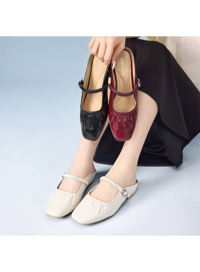 YEARCON صندل نسائي موضة صيف 2025 بأسلوب ريترو جديد من الجلد الأصلي، كعب سميك، حذاء مريح بفتحة مربعة ومجعد - Image 4