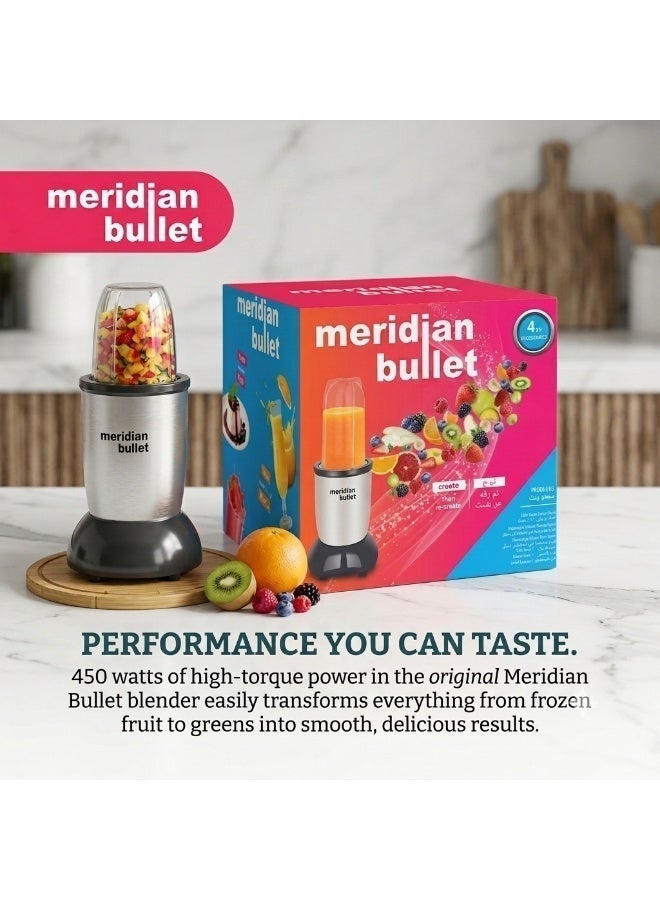 Meridian Bullet Blender 450W – Compact & Powerful 6-Piece High-Speed Mixer with Coffee, Nuts & Spice Grinder Attachments – Nutrient Extractor & Smoothie Maker for Shakes, Juices & More – Silver MB450