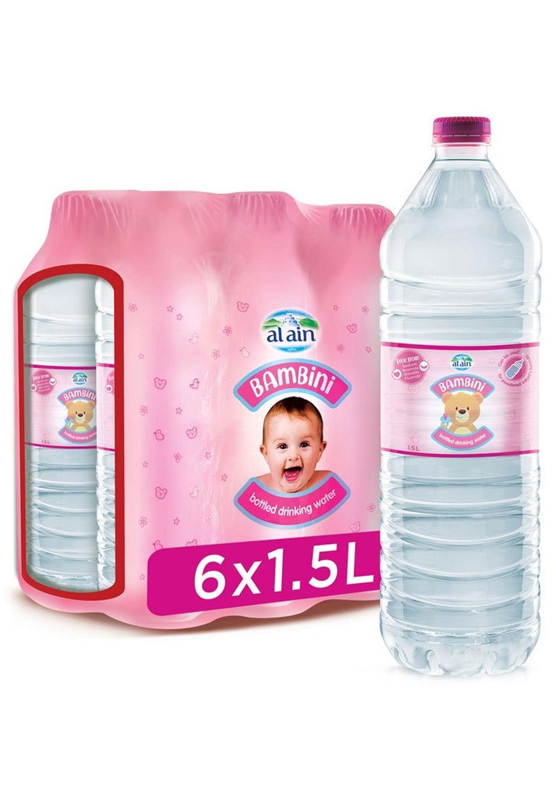 Al Ain مياه العين بامبيني، 1.5 لتر، عبوة من 6، مياه معبأة لتحضير الطعام، جاهزة للاستخدام، مصممة خصيصًا للأطفال الرضع - Image 1