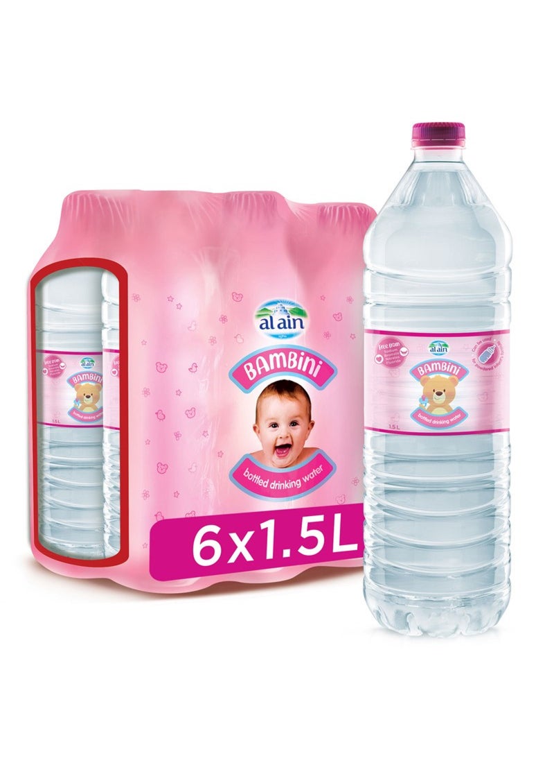 Al Ain مياه العين بامبيني، 1.5 لتر، عبوة من 6، مياه معبأة لتحضير الطعام، جاهزة للاستخدام، مصممة خصيصًا للأطفال الرضع - Image 1