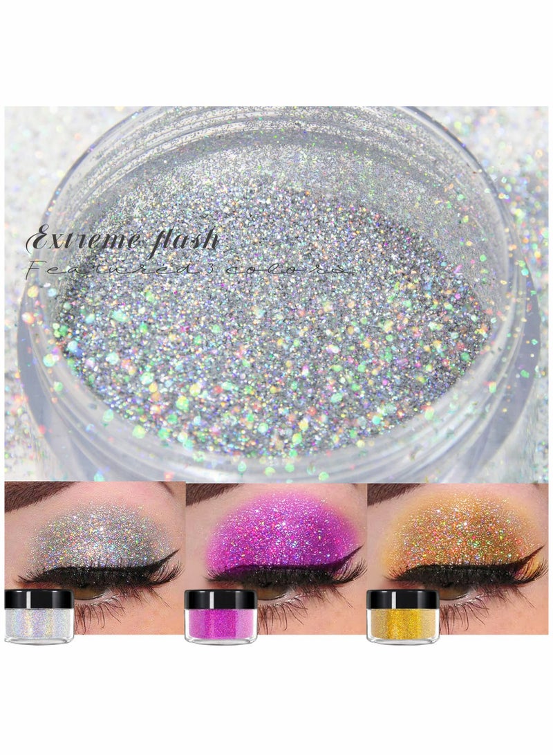 SYOSI Body Glitter Spray,Sliver Gold Pink Glitter Powder,Shimmer Highlighter Loose Powder Glitter Makeup for Body Face Hair Clothes Nail Art Craft Design 3 Colors-with 1 Empty Spray Bottle - Image 3