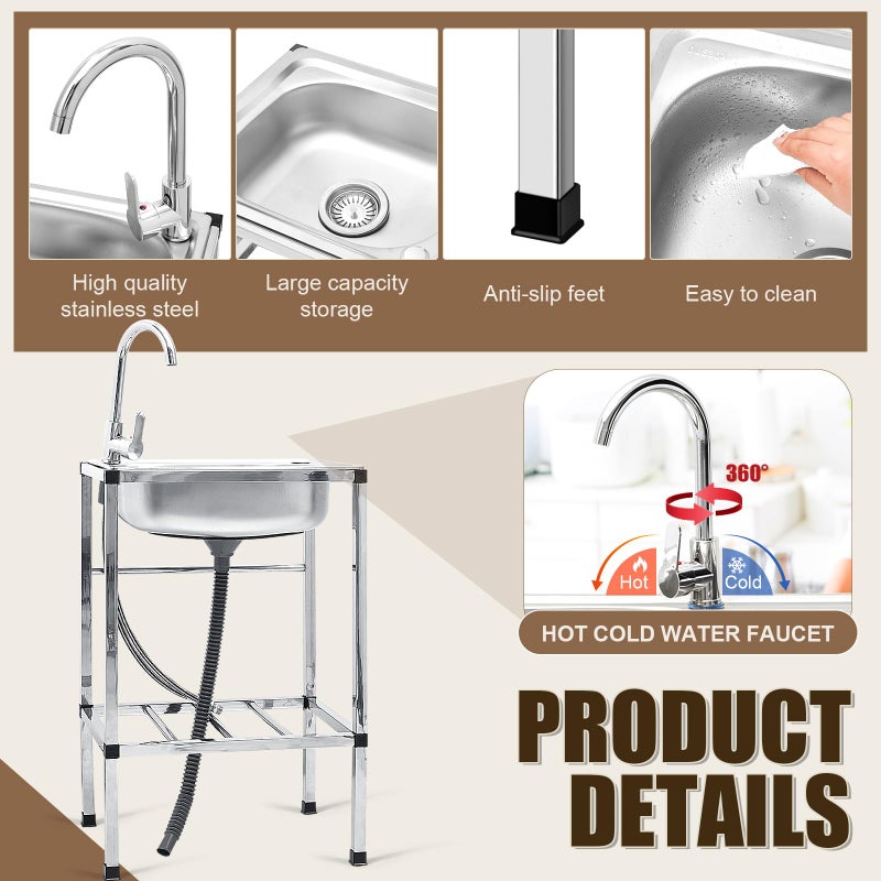 Tandefio Freestanding Outdoor Kitchen Utility Sink Set Stainless Steel Single Bowl Sink Portable Commercial Utility for Restaurant Cafe Bar Hotel Garage Laundry Room(Single Bowl) - Image 3