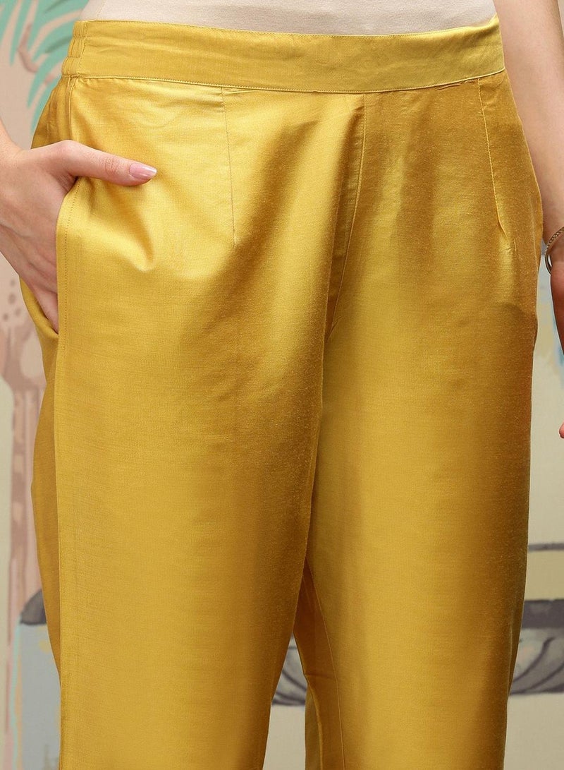 ISHIN Women'S Yellow Polyester Blend Self Design Full Length Palazzo Kurta Set - Image 3