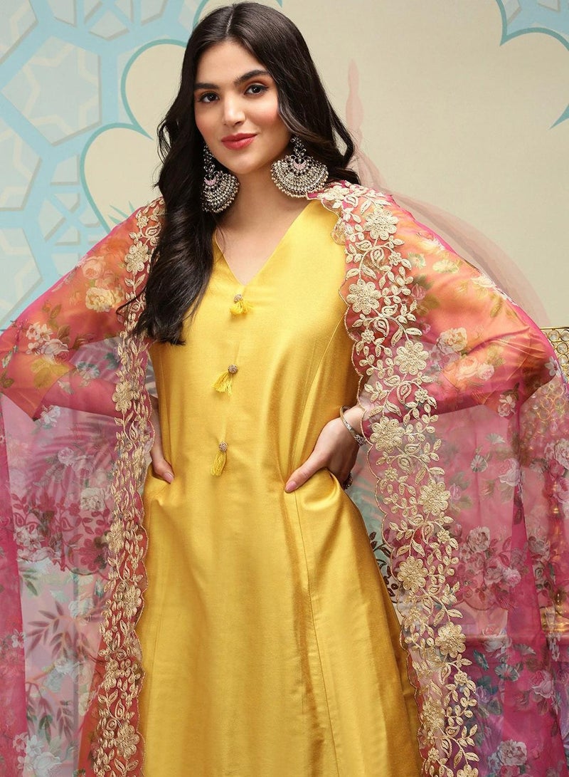ISHIN Women'S Yellow Polyester Blend Self Design Full Length Palazzo Kurta Set - Image 2