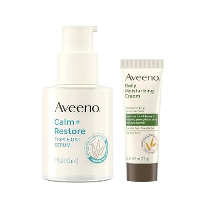 Aveeno Skin-Care Bundle for Sensitive Skin, Calm + Restore Triple Oat Hydrating Facial Serum, 1 fl. oz, & Travel Size Daily Moisturizing Cream + Prebiotic Oat, 0.5 oz, Fragrance Free, Two Items - Image 1