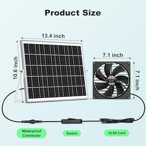 pqins 7.1" Solar Greenhouse Fan 2 Pack, 25W x 2 Large Solar Powered Intake and Exhaust Fan Outdoor Waterproof, 16.5 ft Cord, Strong Airflow for Chicken Coop Shed Cabin Circulation and Ventilation - Image 2