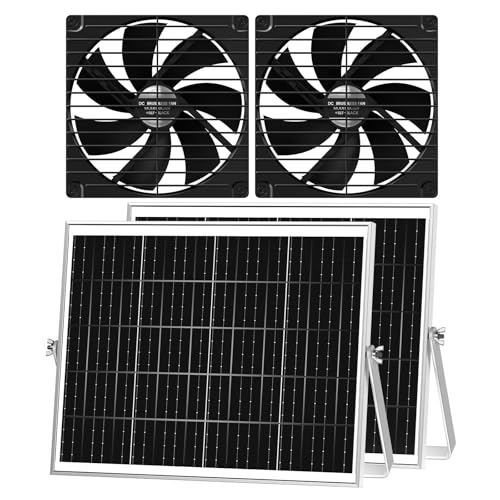 pqins 7.1" Solar Greenhouse Fan 2 Pack, 25W x 2 Large Solar Powered Intake and Exhaust Fan Outdoor Waterproof, 16.5 ft Cord, Strong Airflow for Chicken Coop Shed Cabin Circulation and Ventilation - Image 1