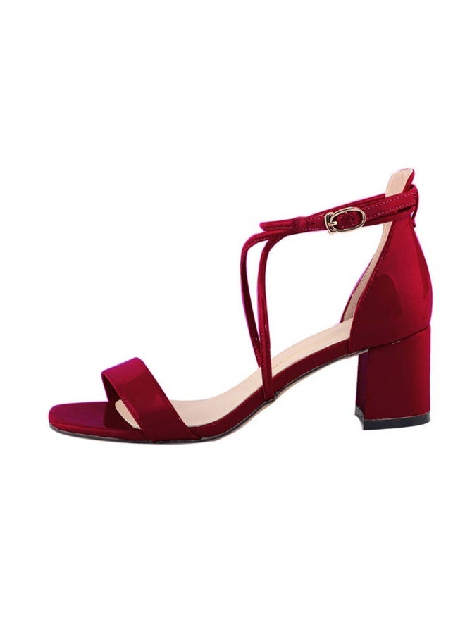 Loquat صنادل شتوية مفتوحة من الأمام بحزام واحد بكعب سميك 3-5 سم باللون الأحمر النبيذي - Image 2