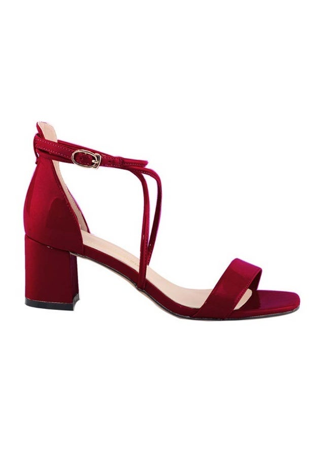 Loquat صنادل شتوية مفتوحة من الأمام بحزام واحد بكعب سميك 3-5 سم باللون الأحمر النبيذي - Image 1