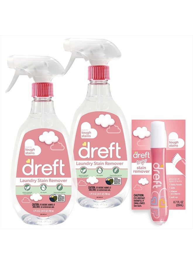 Dreft مزيل بقع ملابس الأطفال، خالي من العطور ومضاد للحساسية، بخاخ مزيل بقع الأطفال بحجم السفر، 24 أونصة سائلة (عبوة من 2 + قلم مزيل بقع) - Image 1