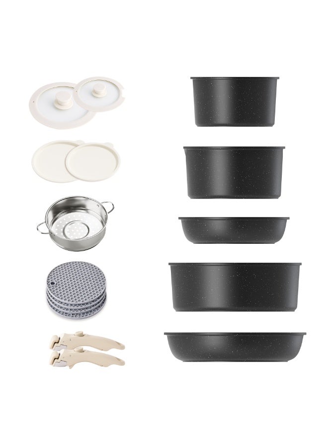 Caannasweis Detachable Nonstick Cookware Set - Stackable Induction Pots and Pans With Removable Handles, Dishwasher Safe - For RV Camping, Oven and Stovetop Use, 16 Pieces - Image 1
