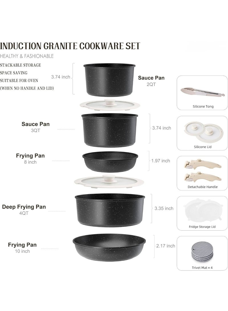 Caannasweis Detachable Nonstick Cookware Set - Stackable Induction Pots and Pans With Removable Handles, Dishwasher Safe - For RV Camping, Oven and Stovetop Use, 16 Pieces - Image 2