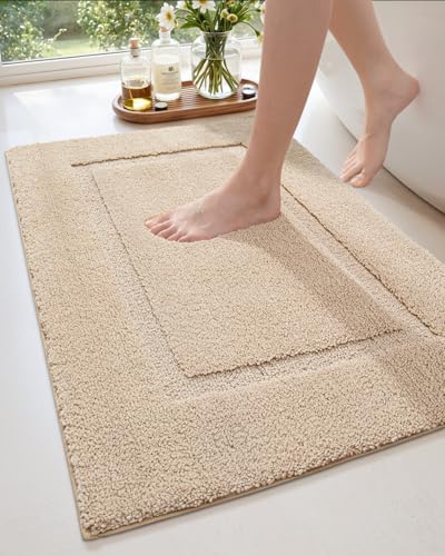 DEXI Bathroom Rugs 24x16 Washable Non Slip Bath Mat for Shower Floor Absorbent Quick Dry Bathmat with Rubber Backing Ultra Soft Plush Carpet for Tub Beige