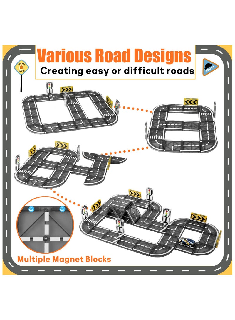 XiuWoo Magnetic Tiles Road for Kids, Magnet Tiles Road Set with Car, Race Track Building Blocks Montessori Toys, Educational Learning Racing Construction Birthday Gifts with Roundabout Ramp and 1 Toy Cars  - Image 2