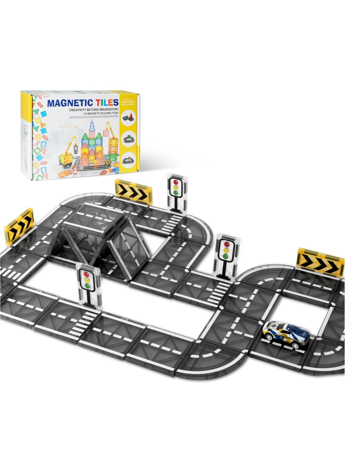 Magnetic Tiles Road for Kids, Magnet Tiles Road Set with Car, Race Track Building Blocks Montessori Toys, Educational Learning Racing Construction Birthday Gifts with Roundabout Ramp and 1 Toy Cars