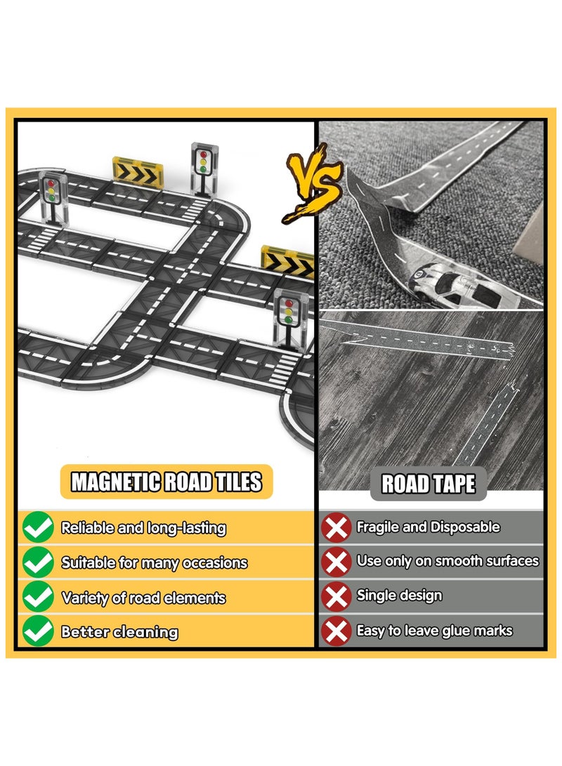 XiuWoo Magnetic Tiles Road for Kids, Magnet Tiles Road Set with Car, Race Track Building Blocks Montessori Toys, Educational Learning Racing Construction Birthday Gifts with Roundabout Ramp and 1 Toy Cars  - Image 3