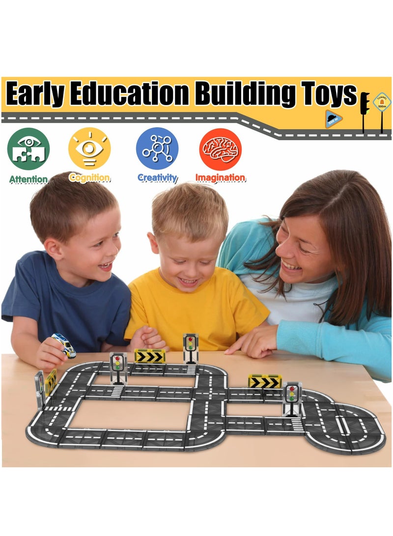 XiuWoo Magnetic Tiles Road for Kids, Magnet Tiles Road Set with Car, Race Track Building Blocks Montessori Toys, Educational Learning Racing Construction Birthday Gifts with Roundabout Ramp and 1 Toy Cars  - Image 4