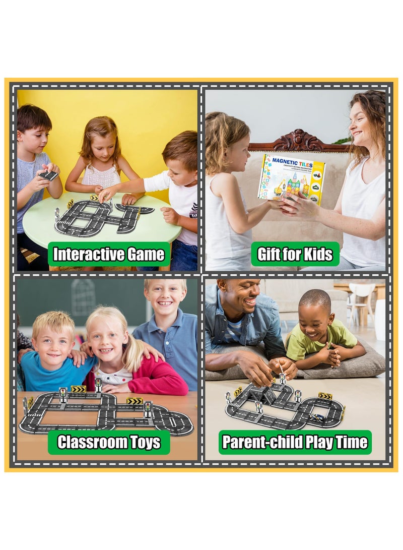 XiuWoo Magnetic Tiles Road for Kids, Magnet Tiles Road Set with Car, Race Track Building Blocks Montessori Toys, Educational Learning Racing Construction Birthday Gifts with Roundabout Ramp and 1 Toy Cars  - Image 5