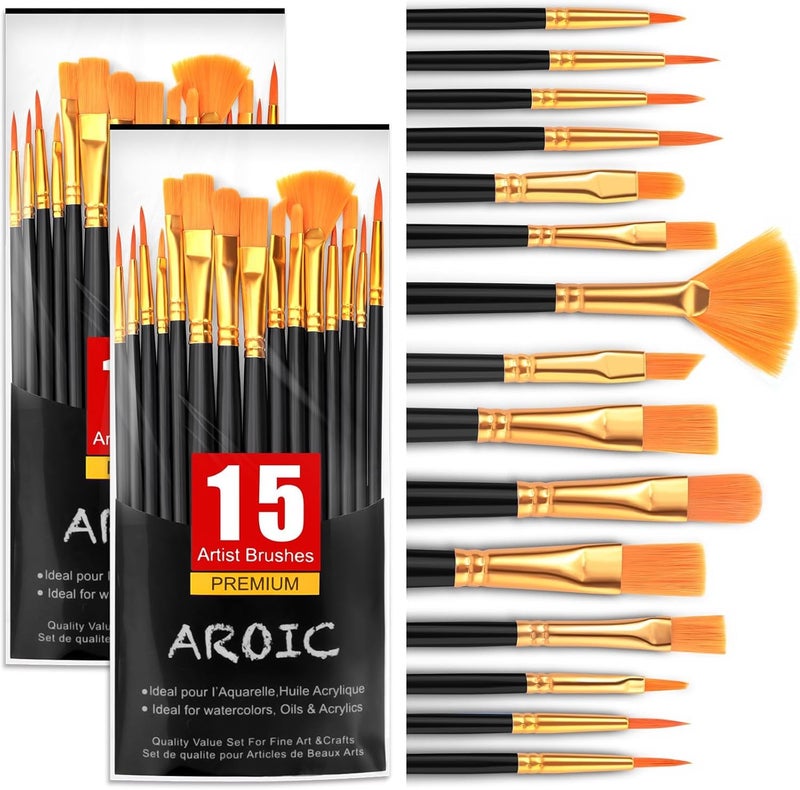 AROIC Acrylic Paint Brush Set,2pack/30pcs Nylon Hair Oil Watercolor Rock Face Painting Artist Paint Brushes, 15 Sizes Paint Brush Set for All Purposes Kids Adult Arts Painting Brush Supplies. - Image 1
