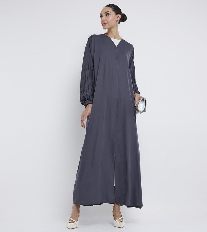 ROZA Elegant Grey Stone Work Abaya - Image 1
