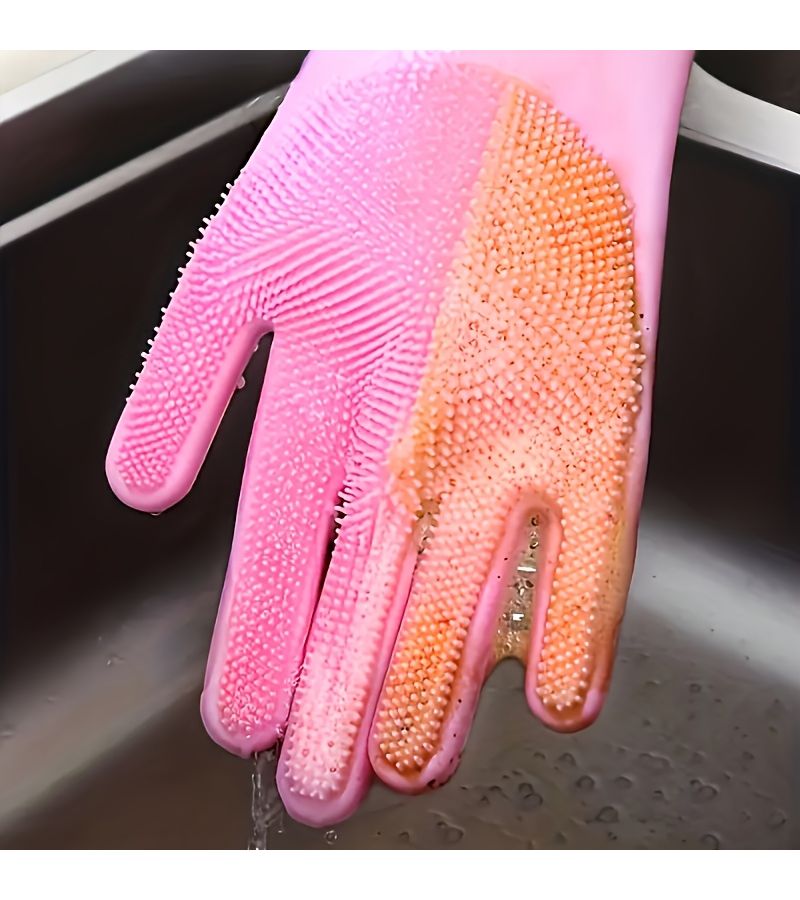 Pink Silica Gel Dual Purpose Dishwashing And Pet Bathing Gloves With Textured Scrubbing Surface - Image 2