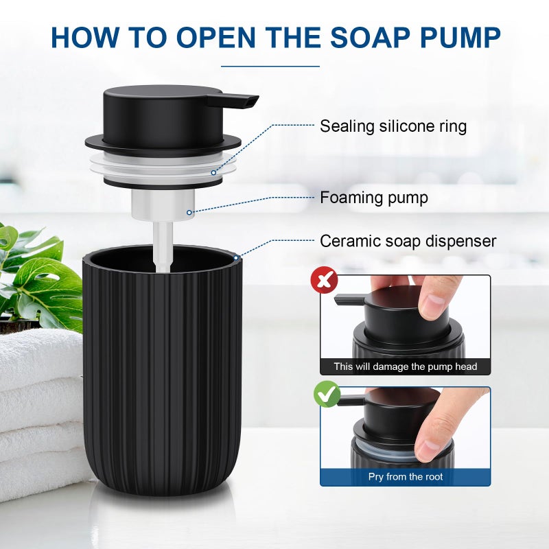 Dlirho Ceramic Foaming Soap Dispenser, 12 oz Bathroom Foam Hand Soap Dispenser, Refillable Lotion Soap Dispenser with Removable Pump for Kitchen Hand Wash Dispenser, Modern Home Decor (Black) - Image 3