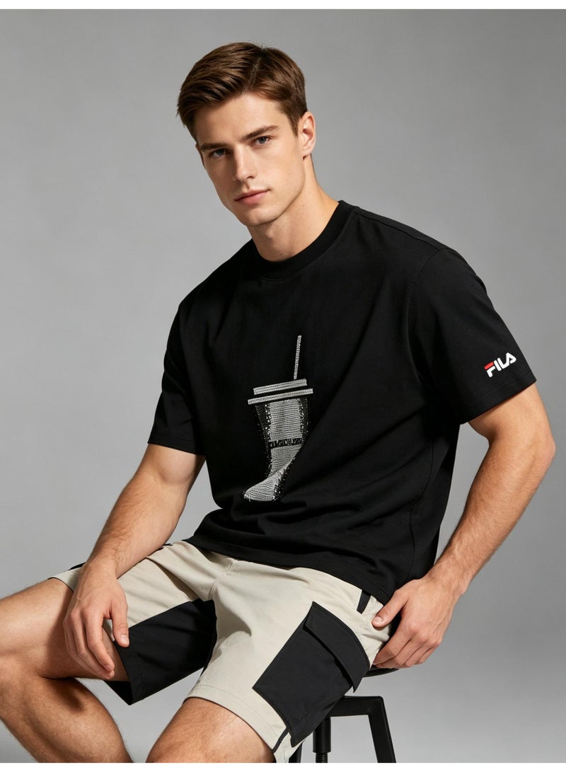 FILA milk tea cups are full of rhinestones for men and women. Summer cotton loose round neck Joker short sleeve T-shirt. - Image 3