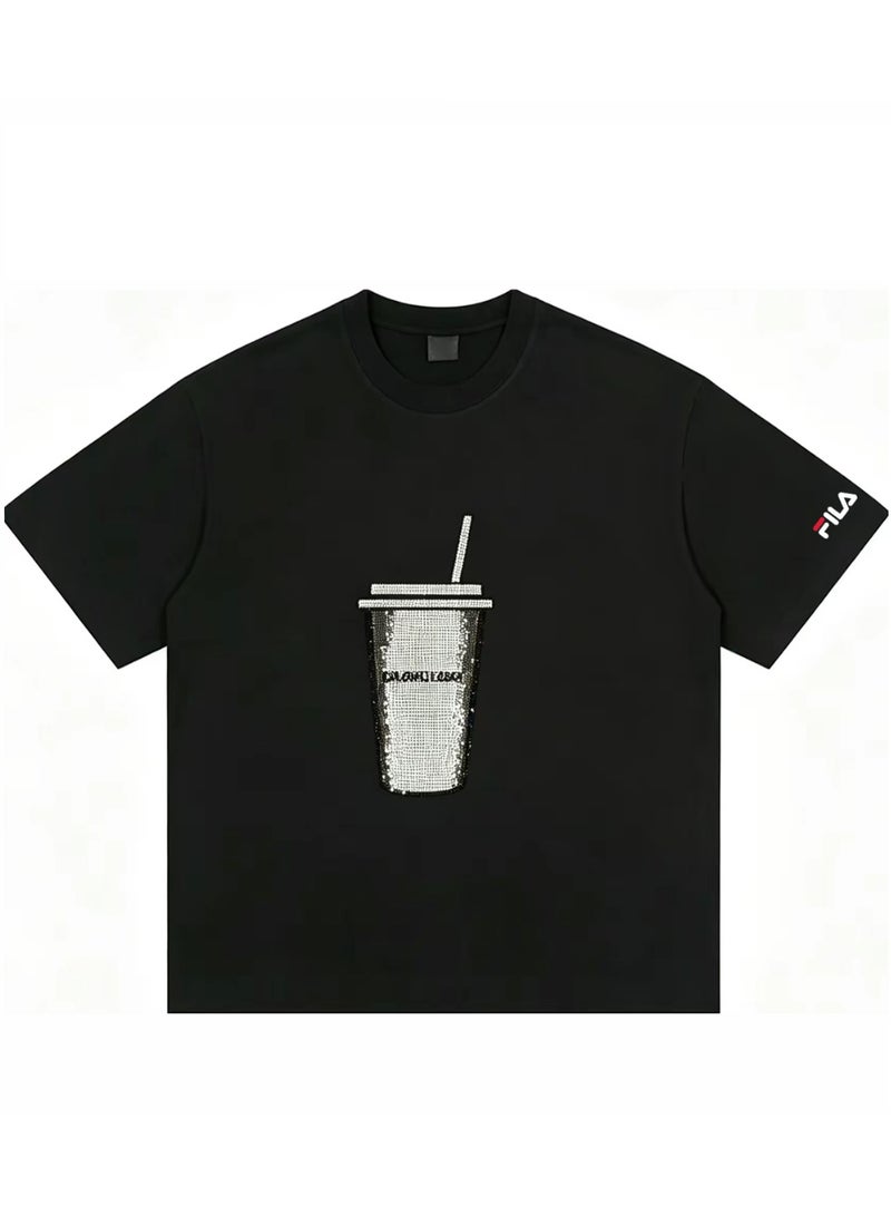 FILA milk tea cups are full of rhinestones for men and women. Summer cotton loose round neck Joker short sleeve T-shirt. - Image 4