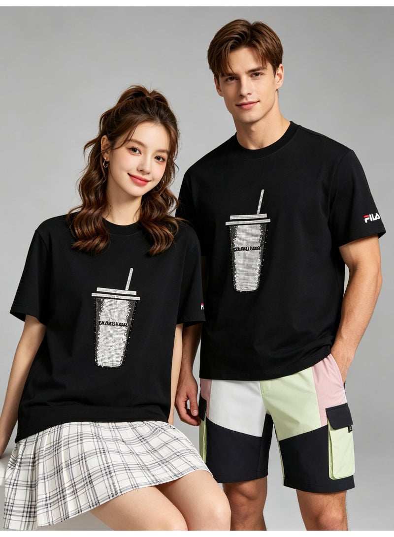 FILA milk tea cups are full of rhinestones for men and women. Summer cotton loose round neck Joker short sleeve T-shirt. - Image 1