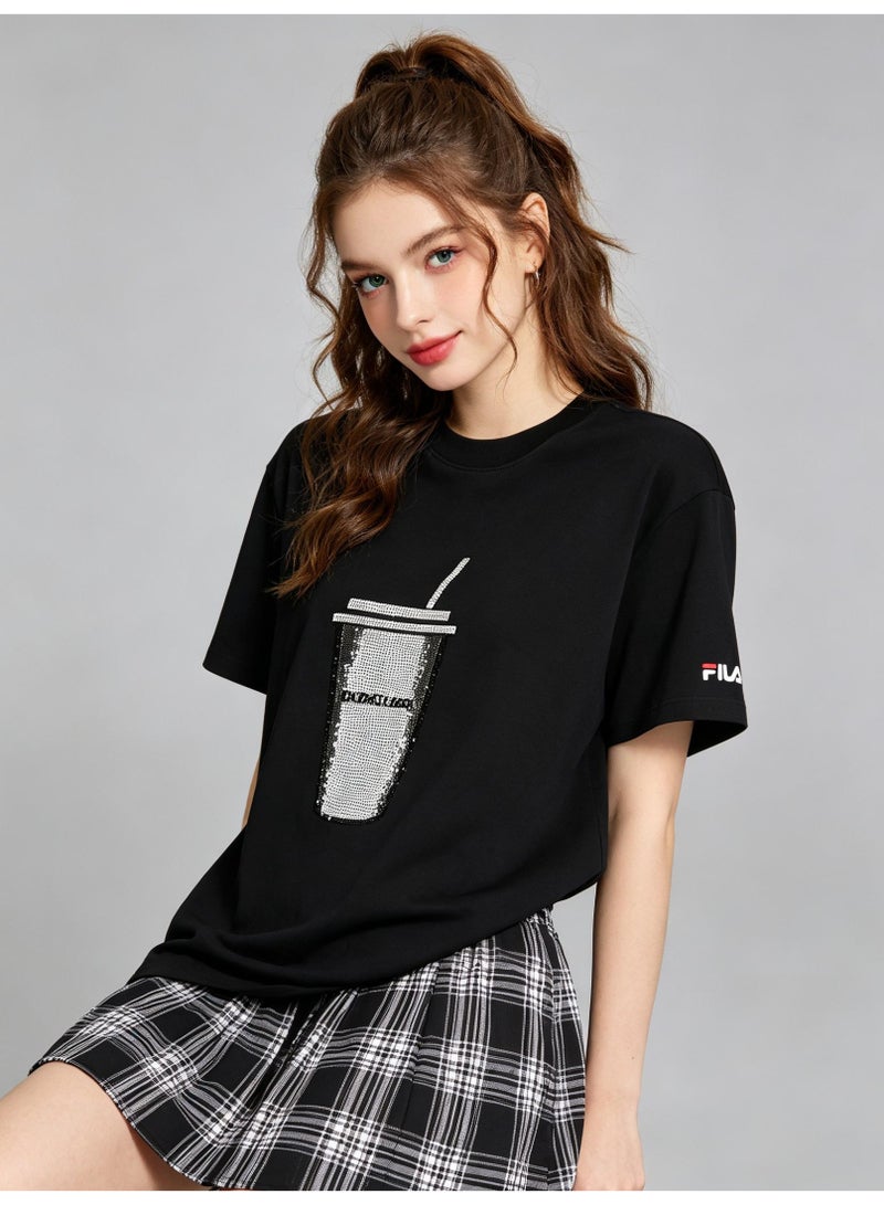 FILA milk tea cups are full of rhinestones for men and women. Summer cotton loose round neck Joker short sleeve T-shirt. - Image 2