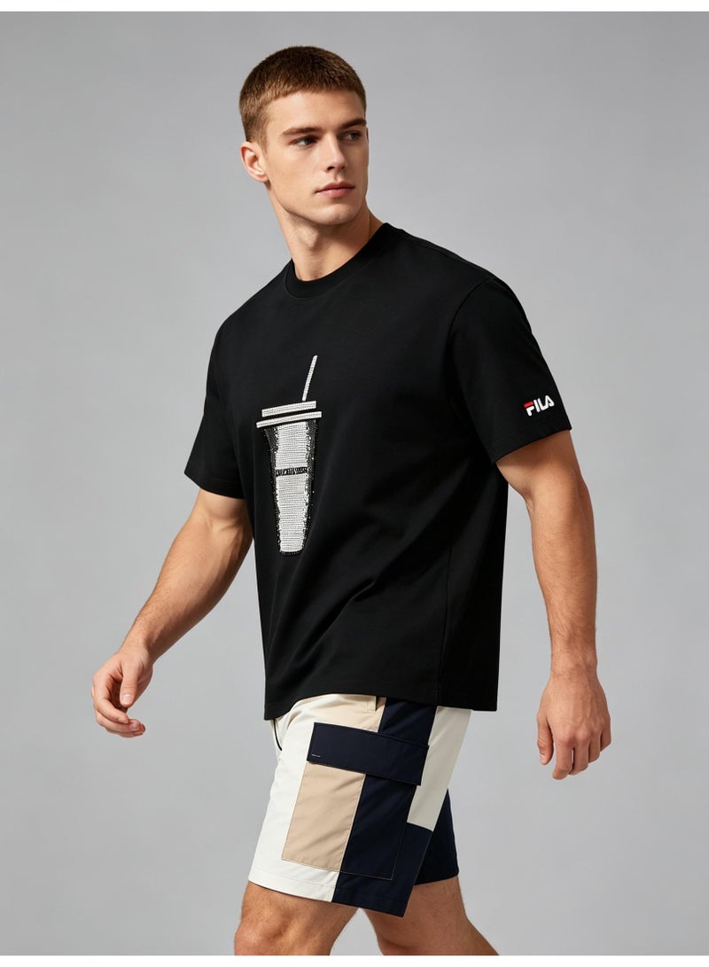 FILA milk tea cups are full of rhinestones for men and women. Summer cotton loose round neck Joker short sleeve T-shirt. - Image 5