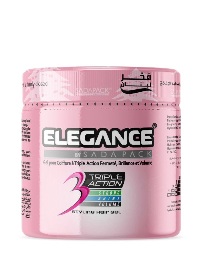 Elegance Triple Action Hair Gel - Pink, 250ml | Strong Hold, Glossy Finish, Flexible Styling