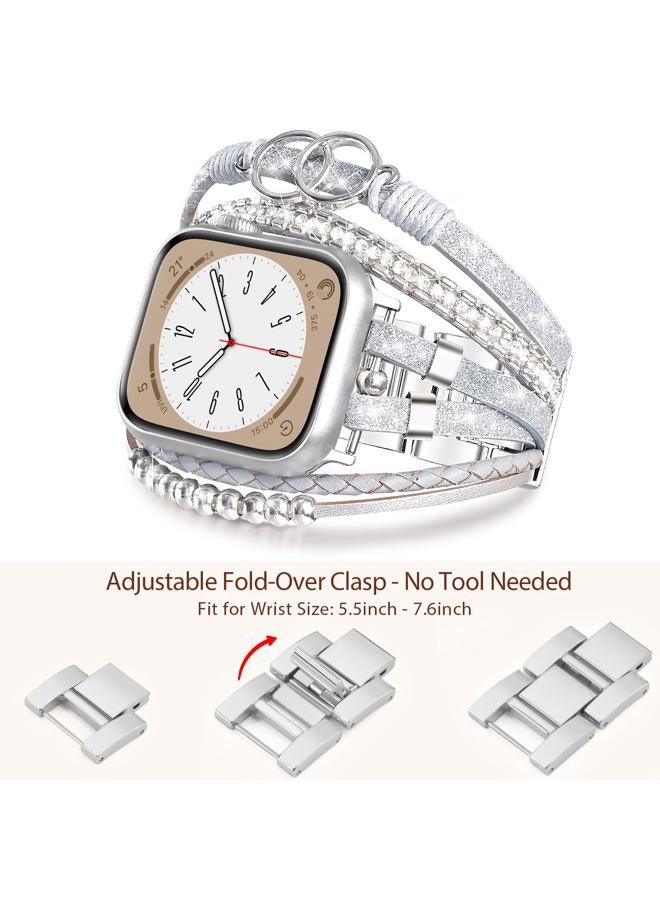 MOFREE Boho Leather Bracelet Compatible with Apple Watch Band 38mm 40mm 41mm Women, Adjustable iPhone Watch Bands Fancy Jewelry Multilayer Strap Wrap for iWatch Bands Series 9 8 7 6 5 4 3 2 1 SE - Image 3