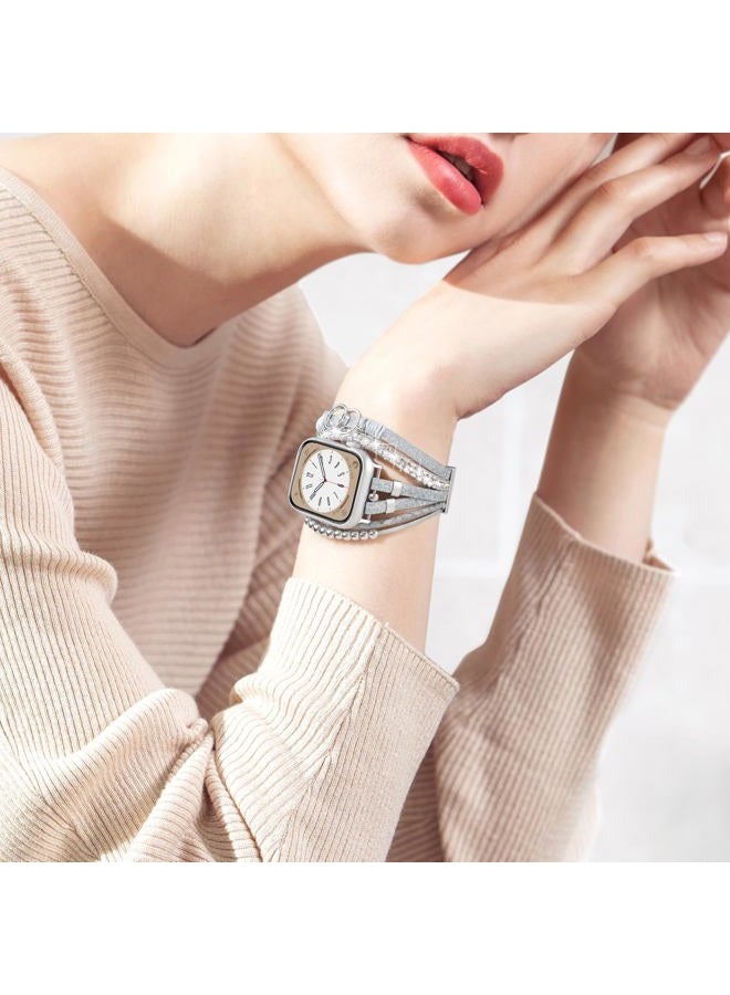MOFREE Boho Leather Bracelet Compatible with Apple Watch Band 38mm 40mm 41mm Women, Adjustable iPhone Watch Bands Fancy Jewelry Multilayer Strap Wrap for iWatch Bands Series 9 8 7 6 5 4 3 2 1 SE - Image 2
