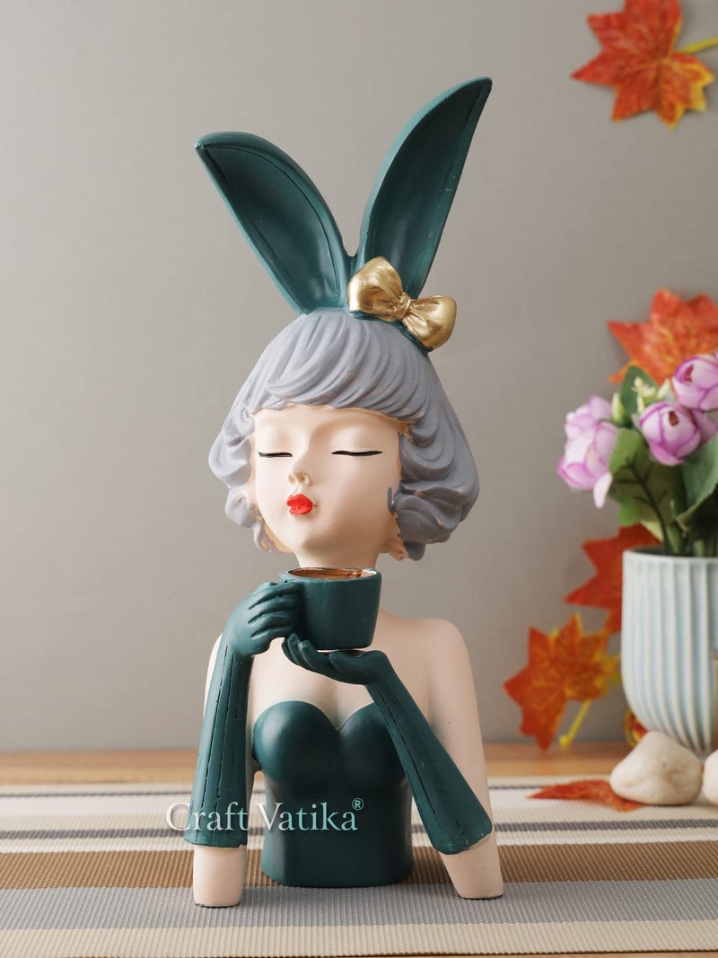 CraftVatika Resin Bowknot Lady with Coffee Cup Showpiece, Girl Drinking Coffee Statue Collectibles Figurines for Home Decor Outdoor Entrance Living Room Decoration (11.9 in Height),Suede - Image 1