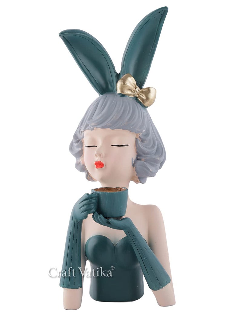 CraftVatika Resin Bowknot Lady with Coffee Cup Showpiece, Girl Drinking Coffee Statue Collectibles Figurines for Home Decor Outdoor Entrance Living Room Decoration (11.9 in Height),Suede - Image 3