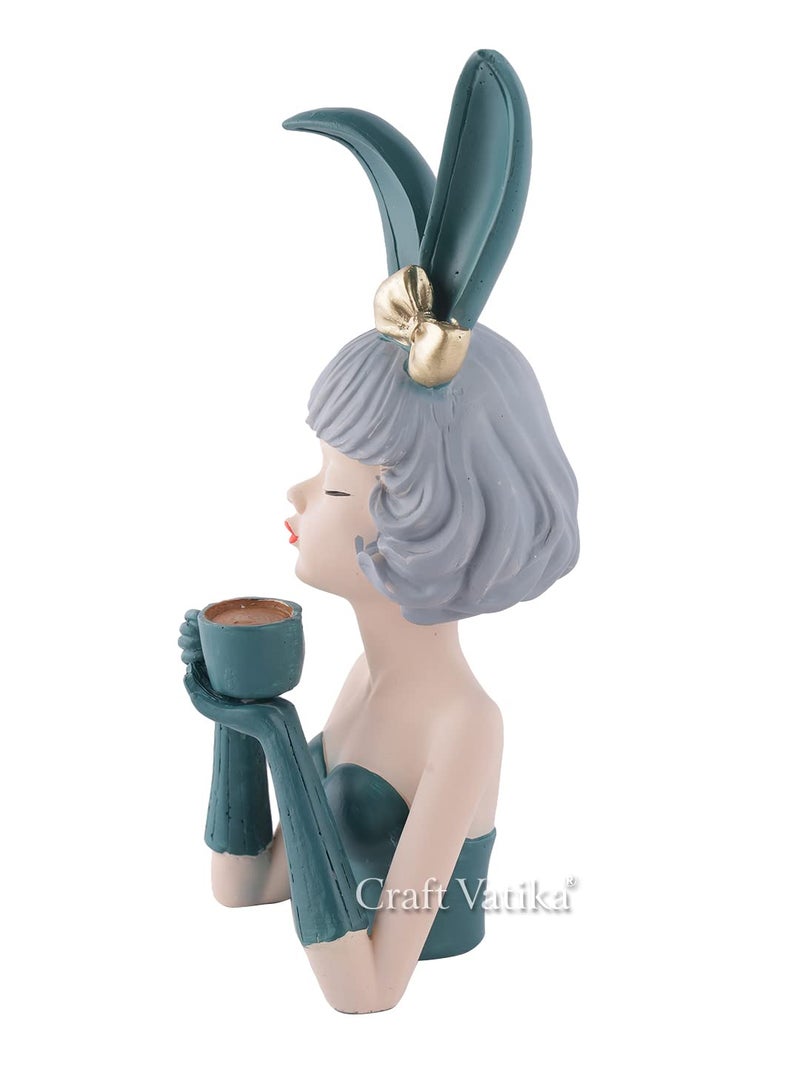 CraftVatika Resin Bowknot Lady with Coffee Cup Showpiece, Girl Drinking Coffee Statue Collectibles Figurines for Home Decor Outdoor Entrance Living Room Decoration (11.9 in Height),Suede - Image 4