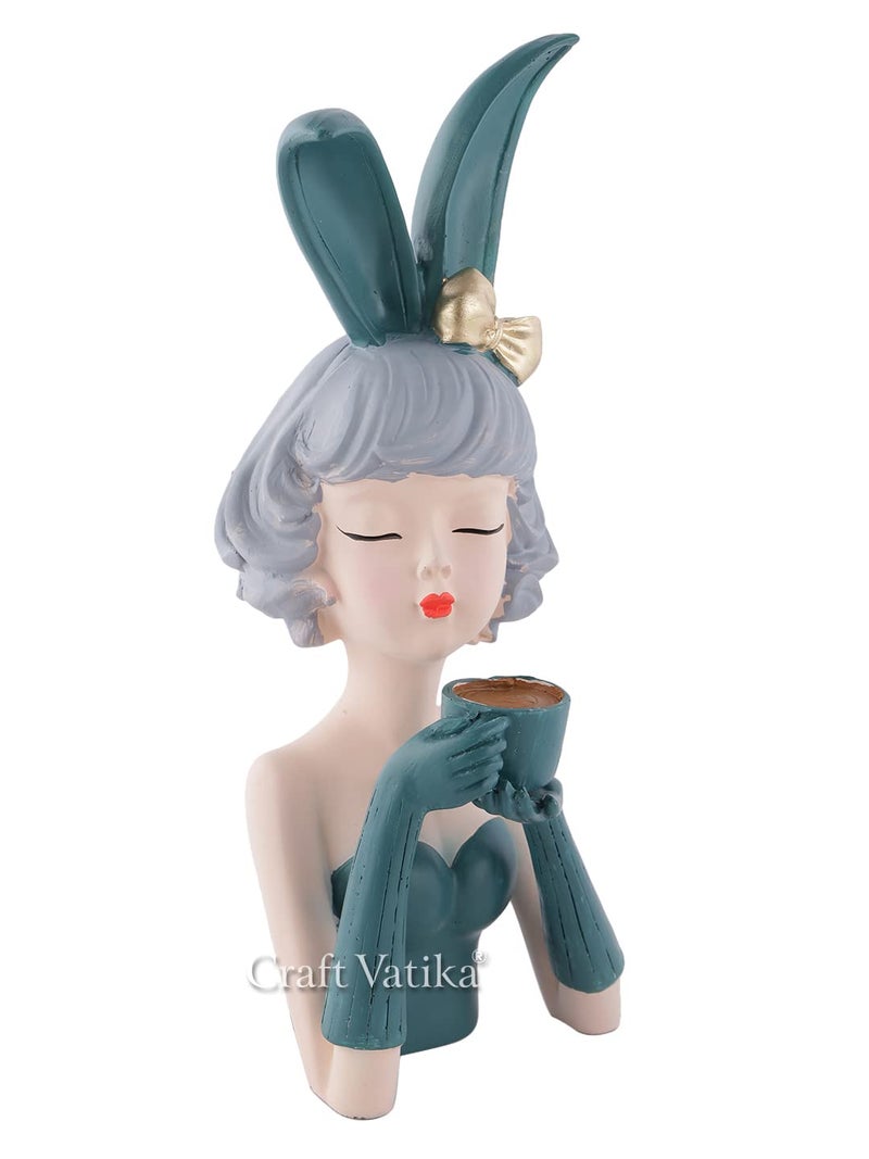 CraftVatika Resin Bowknot Lady with Coffee Cup Showpiece, Girl Drinking Coffee Statue Collectibles Figurines for Home Decor Outdoor Entrance Living Room Decoration (11.9 in Height),Suede - Image 2