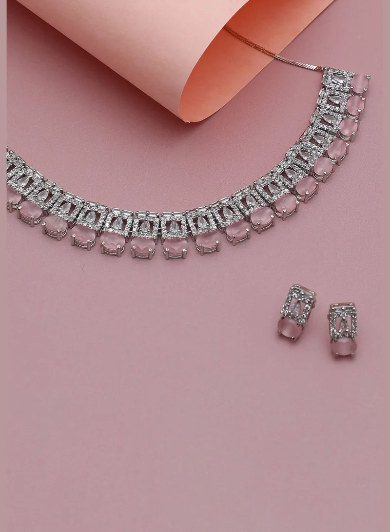 SOHI Silver Plated American Diamond and Designer Stone Necklace and Earring Set